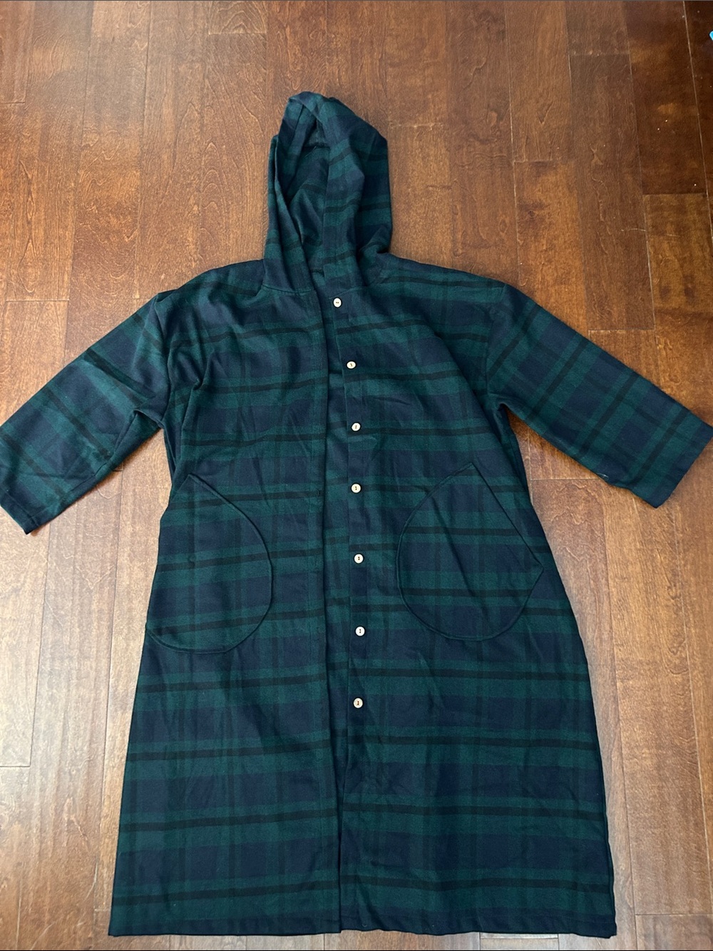 Women’s Long Oversized Green Plaid Coat with Hood, Fall & Winter Layering, XL